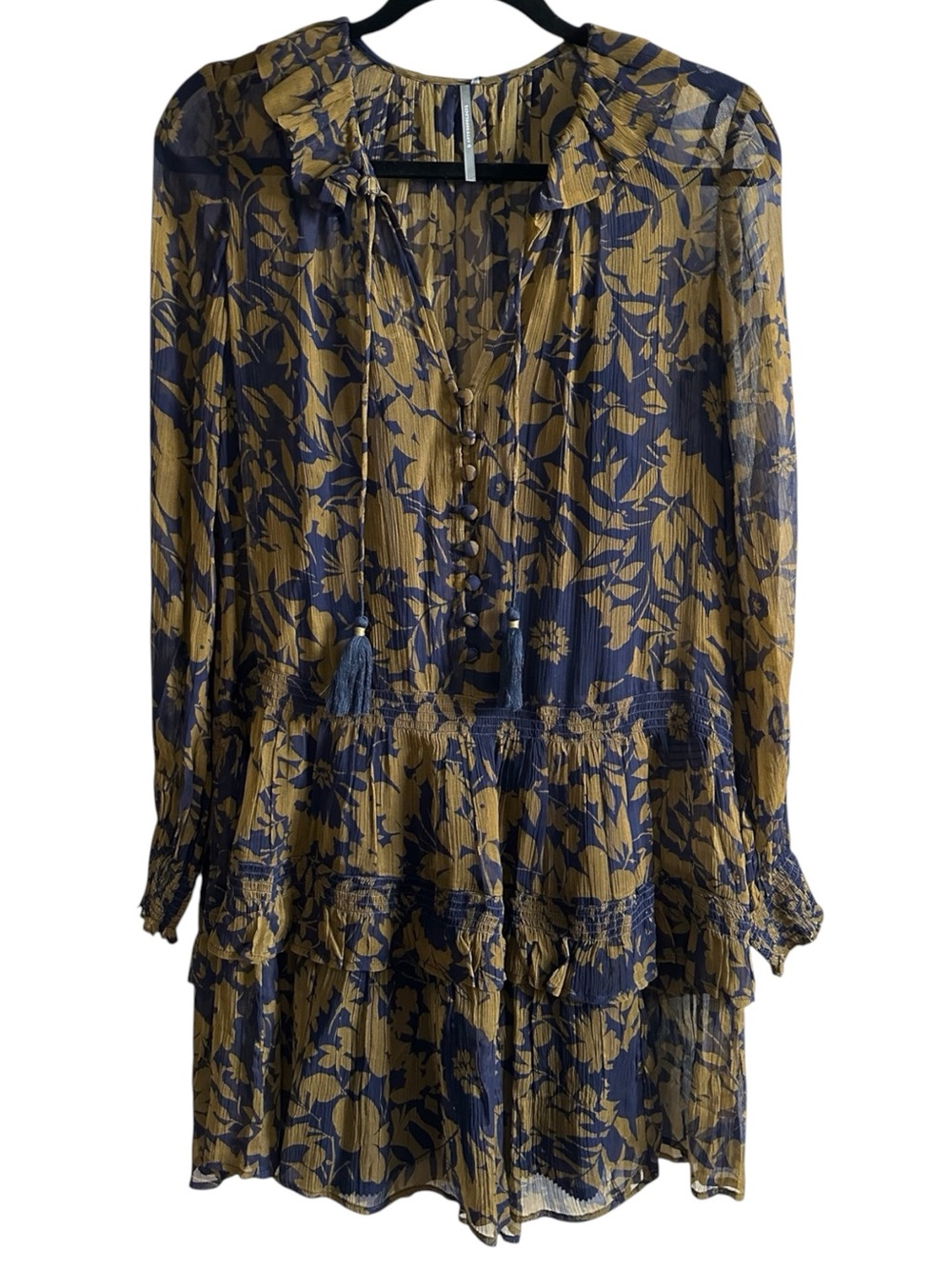 By Anthropologie Navy Gold Floral Slip-Lined Mini Dress NWT XS